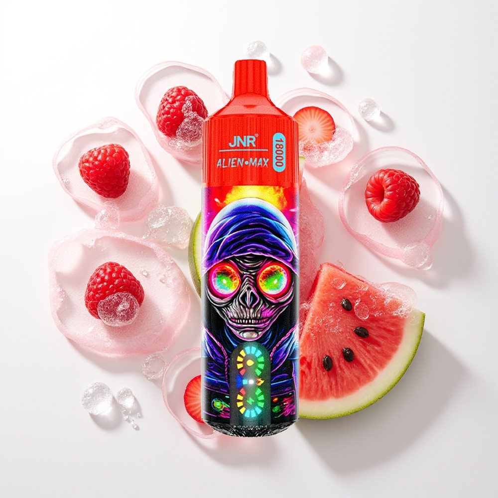 JNR Alien Max 18000 Pūšu Vienreizējās Lietošanas Vape Aveņu Arbūzs Ledus ar Smart LED Displeju, Dual Mesh Coil, 850mAh Akumulatoru, 28ml E-šķidruma un Type-C Ātrās Uzlādes