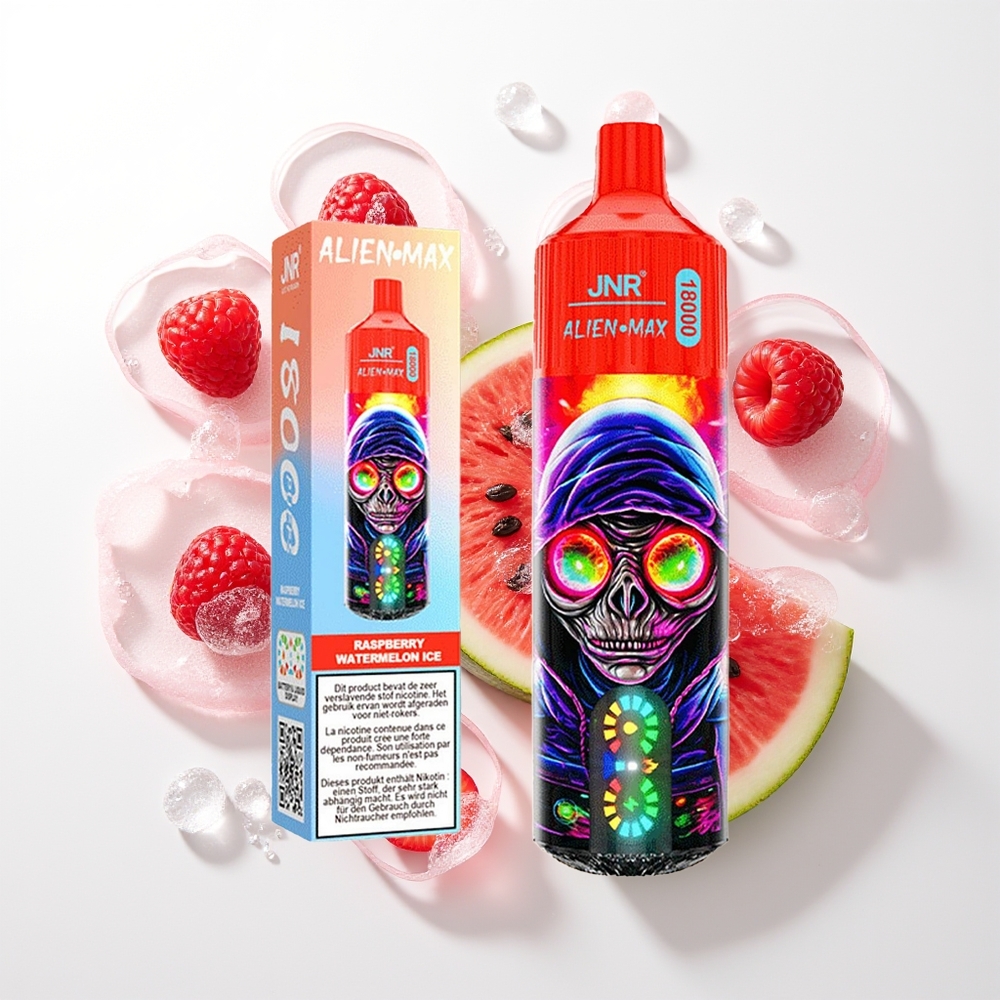 JNR Alien Max 18000 Pūšu Vienreizējās Lietošanas Vape Aveņu Arbūzs Ledus ar Smart LED Displeju, Dual Mesh Coil, 850mAh Akumulatoru, 28ml E-šķidruma un Type-C Ātrās Uzlādes
