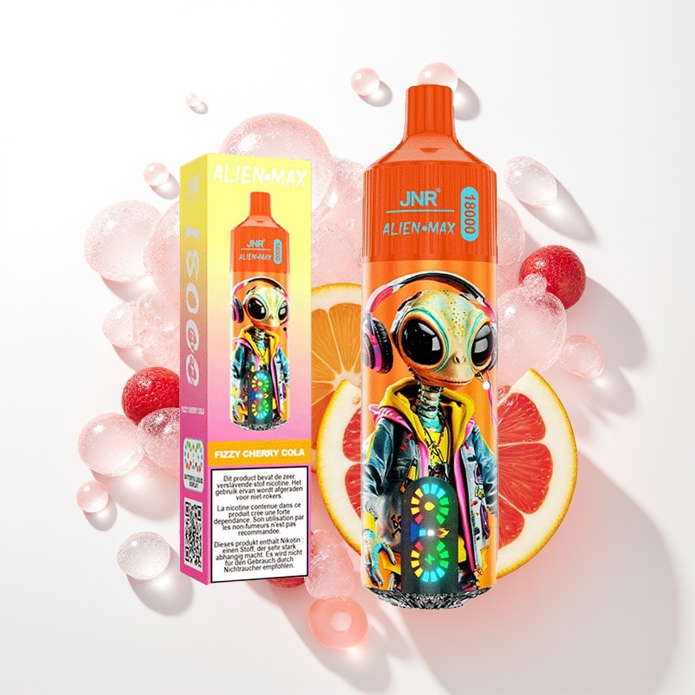 JNR Alien Max 18000 Pūšu Vienreizējās Lietošanas Vape Dzirkstošā Ķiršu Kola ar LED Displeju, Dubulto Režģa Spoli & Dubulto Kodolu, 850mAh Akumulatoru, 28ml E-Šķidruma, Type-C Ātrās Uzlādes un Nikotīna