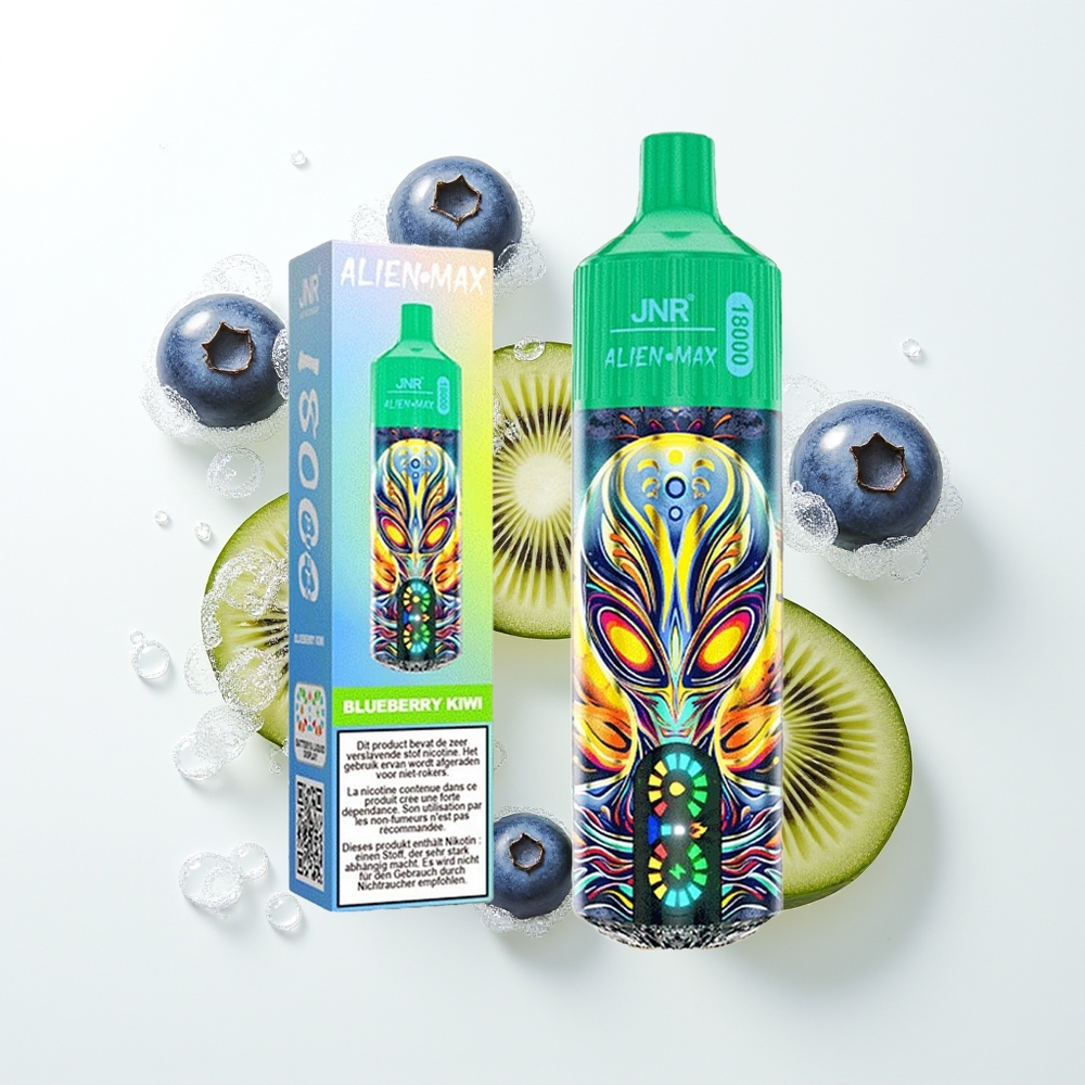 JNR Alien Max 18000 Pūšu Vienreizējās Lietošanas Vape Zilā ērkšķoga-Kivi ar LED Displeju, Dubultā Režģa Spole, 850mAh, 28ml, Type-C Uzlāde, Nikotīns 0%,2%,3%,5%