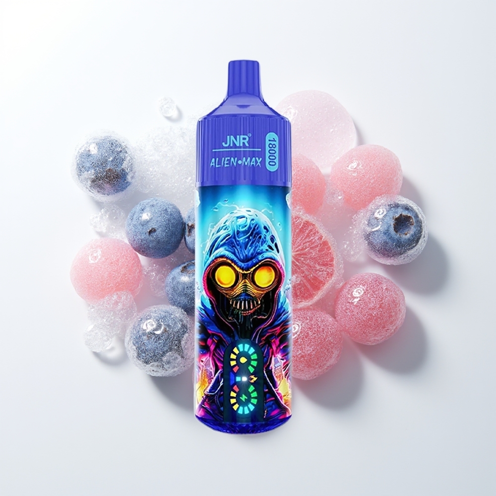 JNR Alien Max 18000 Pūšu Zilā Melleliņa Burbuļu Gumija Vāciņš ar LED Displeju, Dubulto Sietiņu, 850mAh Akumulatoru un 28ml E-Šķidruma
