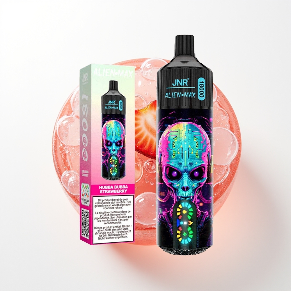 JNR Alien Max 18000 Puffs Vienreizējās Lietošanas Vape Hubba Bubba Zemeneņu (Strawberry) ar LED Displeju, Dubultā Režģa Spole, 28ml E-šķidrums, 850mAh Baterija, Type-C Uzlāde