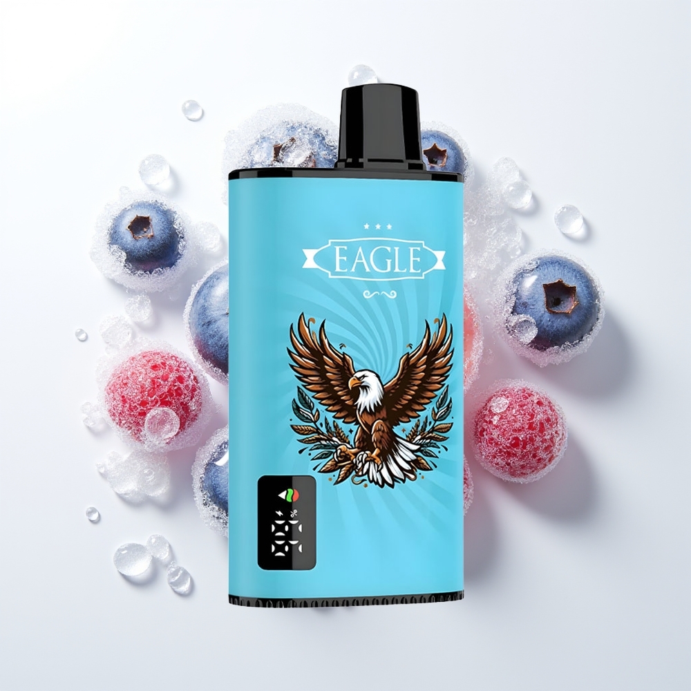JNR EAGLE Smart 23000 Pūšu Izmetamā Veipa Zilenes Ledus ar Digitālo Displeju, 1.0ohm Sietspoli, Regulējamu Gaisa Plūsmu, 750mAh Akumulatoru, Type-C Uzlādi, 25ml e-Sķidruma Ietilpību un 2% Nikotīna Sat