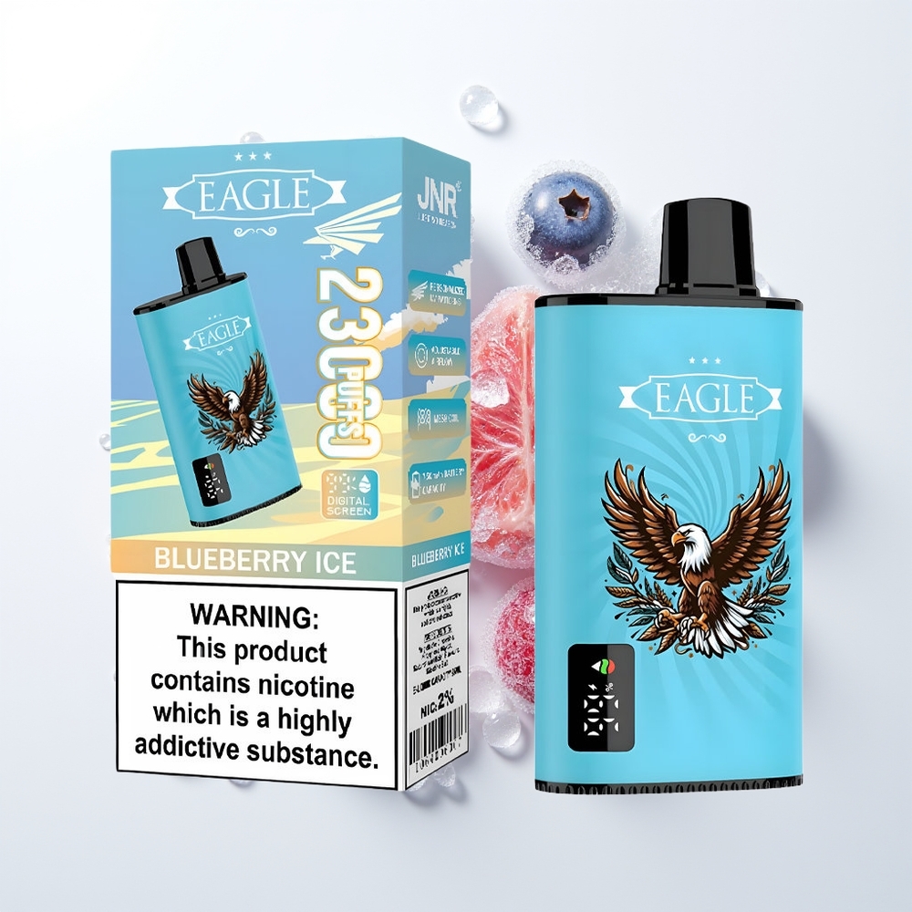 JNR EAGLE Smart 23000 Pūšu Izmetamā Veipa Zilenes Ledus ar Digitālo Displeju, 1.0ohm Sietspoli, Regulējamu Gaisa Plūsmu, 750mAh Akumulatoru, Type-C Uzlādi, 25ml e-Sķidruma Ietilpību un 2% Nikotīna Sat