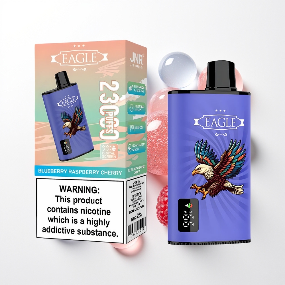 JNR EAGLE Smart 23000 Pūšu Vienreizējās Lietošanas Vape Krāšņā Melleņu Aveņu Ķiršu ar Digitālo Ekrānu, 1.0ohm Mesh Coil, Regulējamu Gaisa Plūsmu, 750mAh Bateriju, Type-C Uzlādi, 25ml e-Liquid ietilpīb