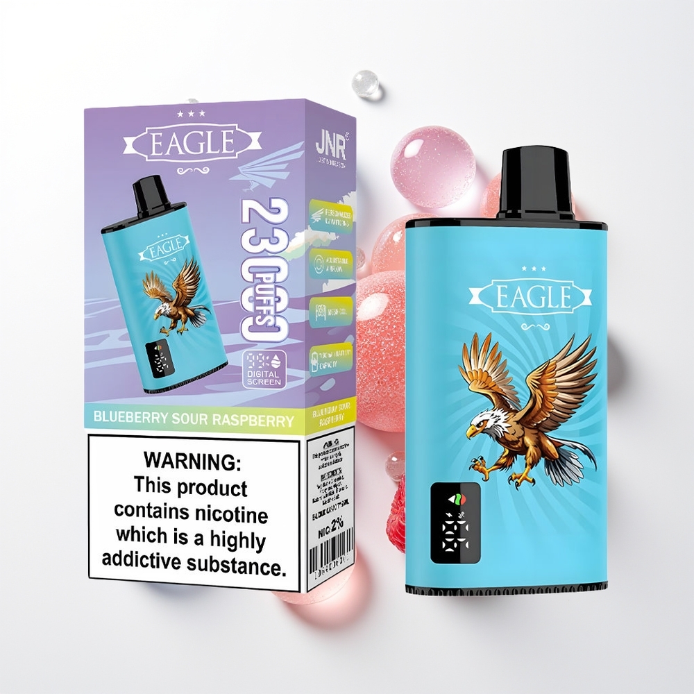 JNR EAGLE Smart 23000 Pūšu Vienreizējās Lietošanas Vape Zilā Ķirše Skābo Avene + Digitālais Displejs, 1.0ohm Siets Spole, Regulējams Gaisa Plūsma, 750mAh Baterija, Type-C Uzlāde, 25ml e-Sviests