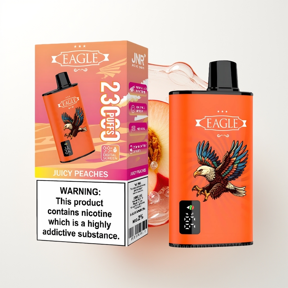 JNR EAGLE Smart 23000 Puffs Vienreizējās Lietošanas Vape Sulu Persiki ar Digitālo Displeju, 1.0ohm Mesh Coil, Regulējamu Gaisa Plūsmu, 750mAh Akumulatoru, Type-C Uzlādi, 25ml e-Skapī