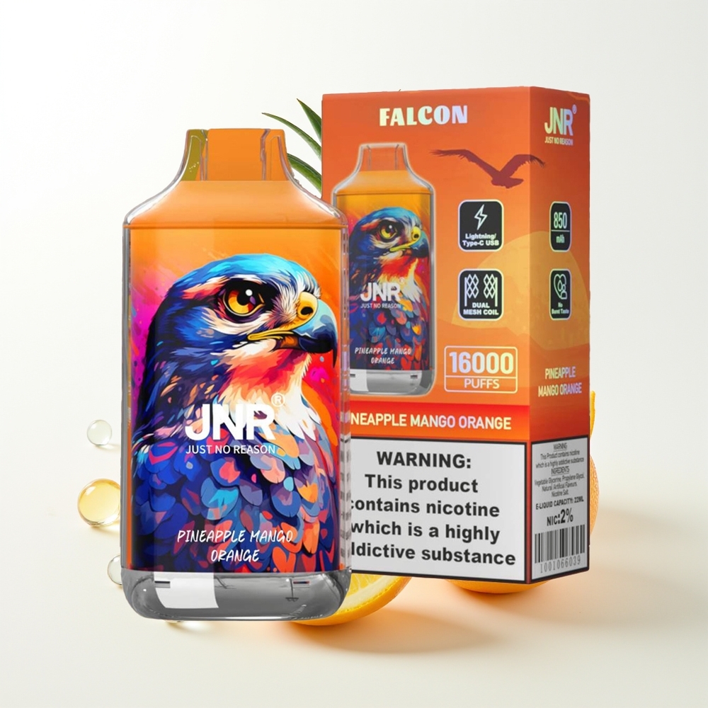JNR Falcon 16000 Iespējas Vienreizējās Lietošanas Vape Ananāsu Mango Apelsīns 850mAh 22ml Dual Mesh Coil Type C & Lightning Smart LED Display 0%,2%