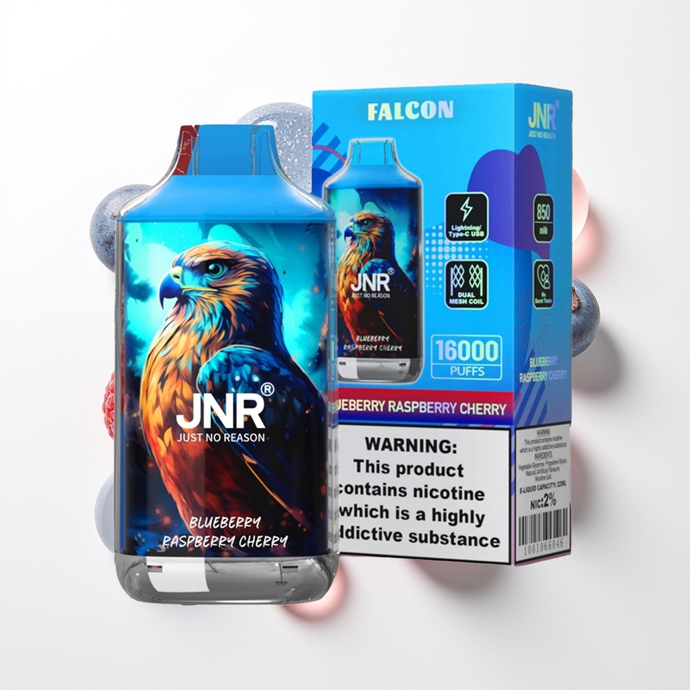 JNR Falcon 16000 Ievelmes Zilā ķiršeņu Aveņu Vienreizējās Lietošanas Vape 850mAh 22ml Dual Mesh Coil Type C & Lightning Smart LED 0% 2%