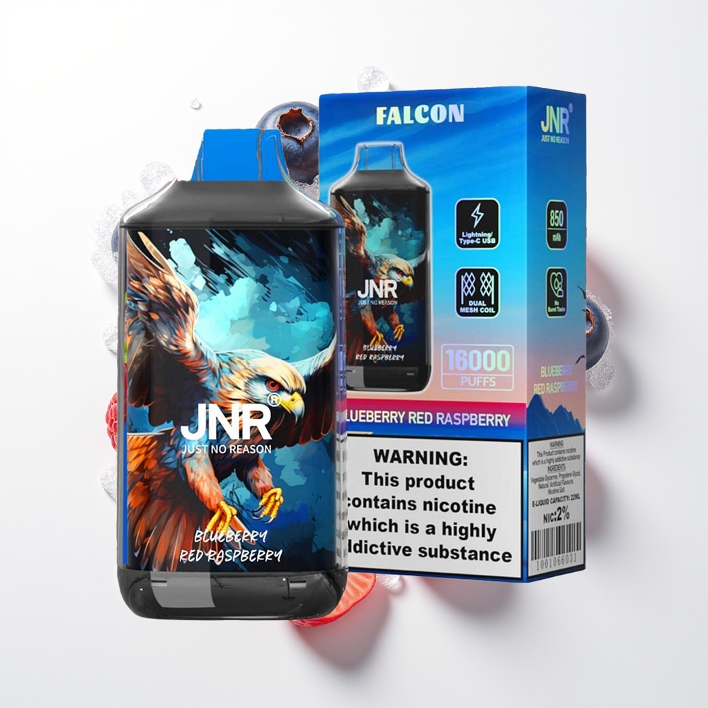 JNR Falcon 16000 Pūfu Vienreizējās Lietošanas Vape Zilene Sarkana Avene 850mAh 22ml Dual Mesh Coil Type C & Lightning Smart LED Display 0% 2%