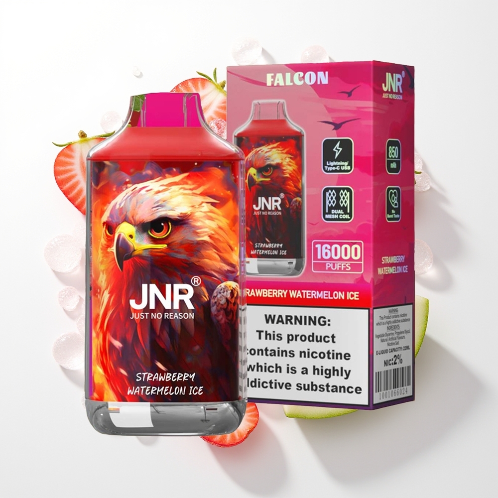 JNR Falcon 16000 Pūšieni Zemene Arbūzs Ledus 850mAh 22ml Dual Mesh Coil Type C & Lightning Smart LED Display 0%,2%
