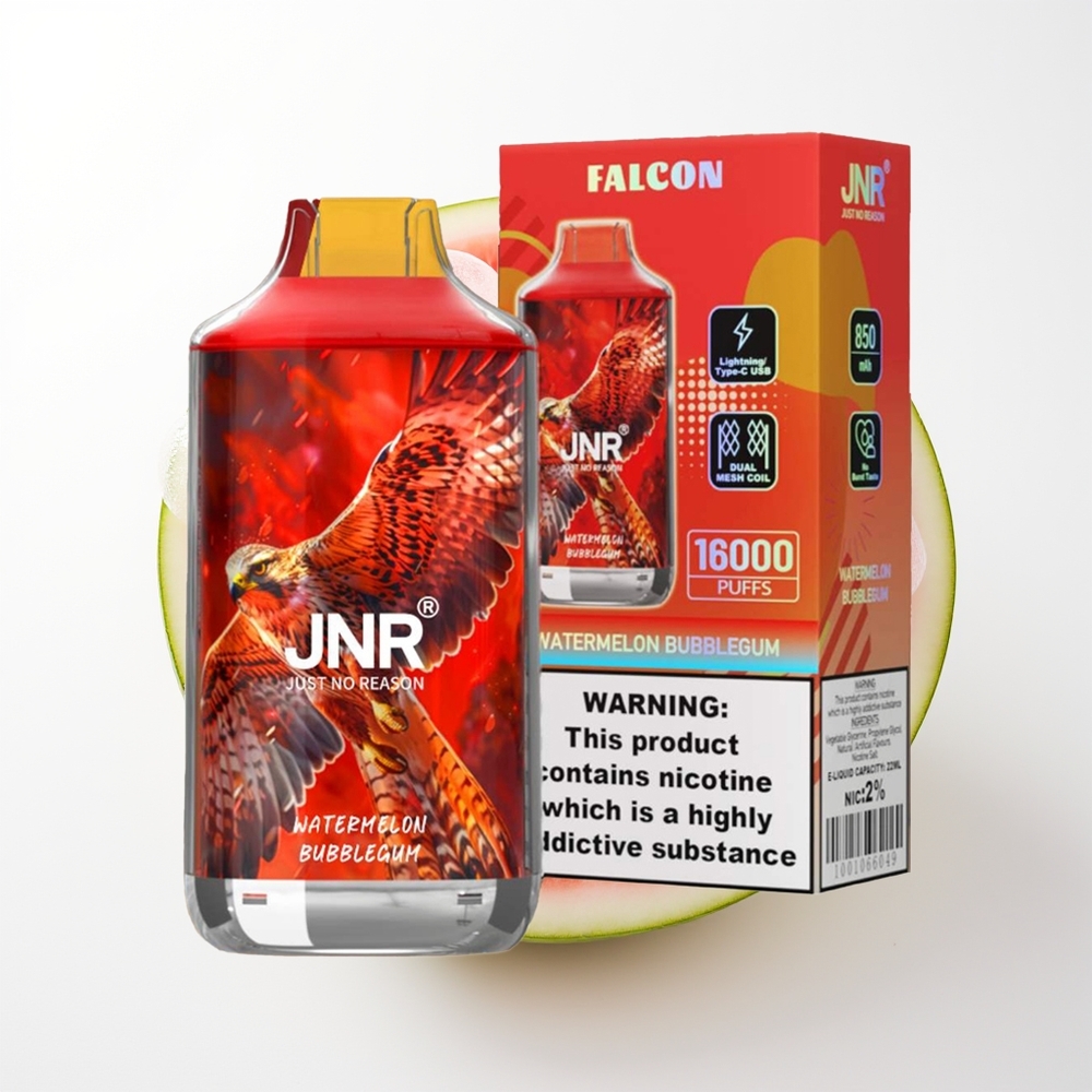JNR Falcon 16000 Pūšu Arbūzes Košļājamo Gumiju Vienreizējās Lietošanas Vape, 850 mAh, 22ml, Diju Režģa Spole, Type C & Lightning, Smart LED, 0%, 2%