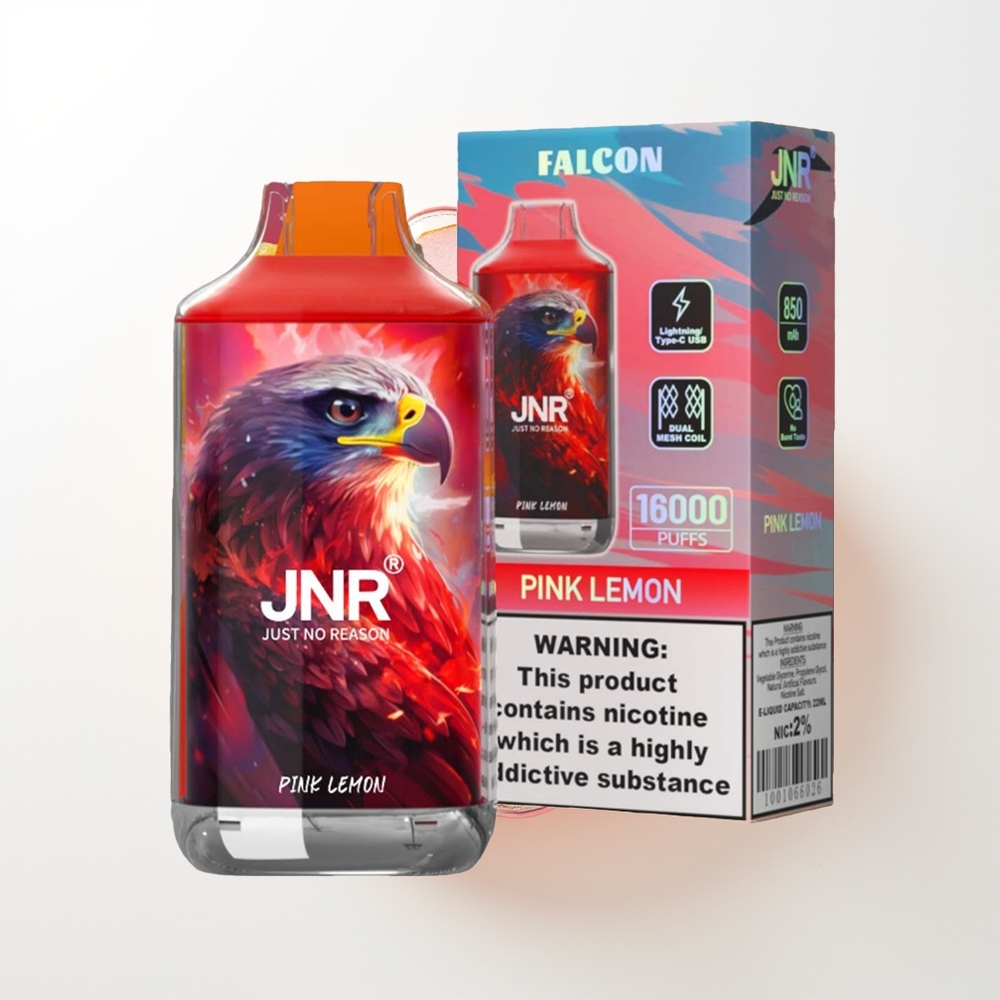 JNR Falcon 16000 Pūšu Rozā Citrons Vienreizējās Lietošanas Vape 850mAh 22ml Dual Mesh Coil Type C & Lightning Smart LED 0% 2%