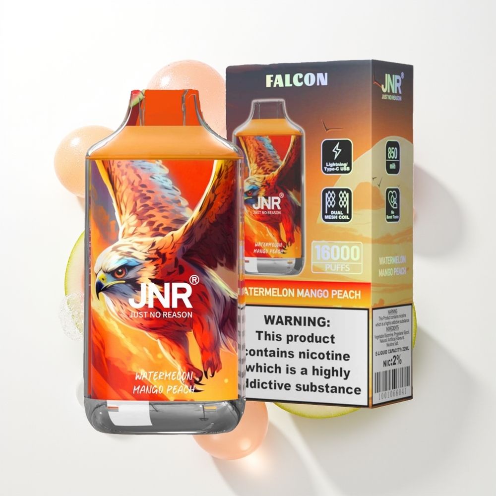 JNR Falcon 16000 Pūšu Vienreizējās Lietošanas Vape Arbūzu Mango Persiku ar 850 mAh, 22ml, Dual Mesh Coil, Type C & Lightning, Smart LED Display, 0%,2% Nikotīns