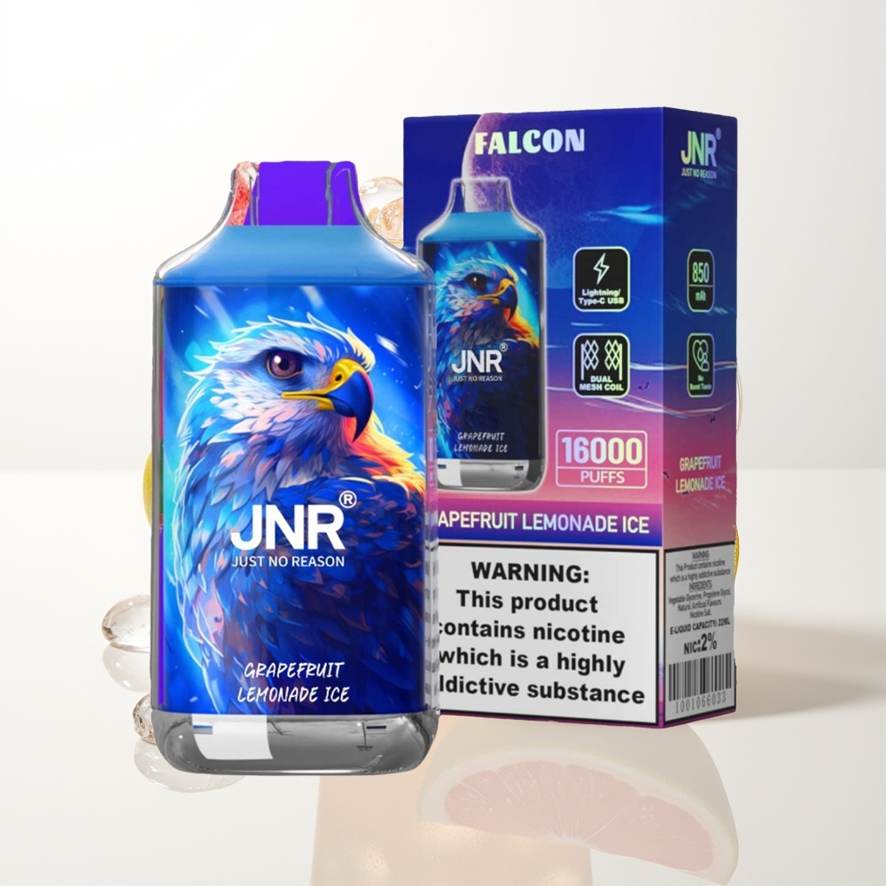 JNR Falcon 16000 Pūšu Vienreizējās Lietošanas Vape Greipfrūda Citronāde Ledus ar 850 mAh, 22ml, Dual Mesh Coil, Type C & Lightning, Smart LED Display, 0%,2% Nikotīns