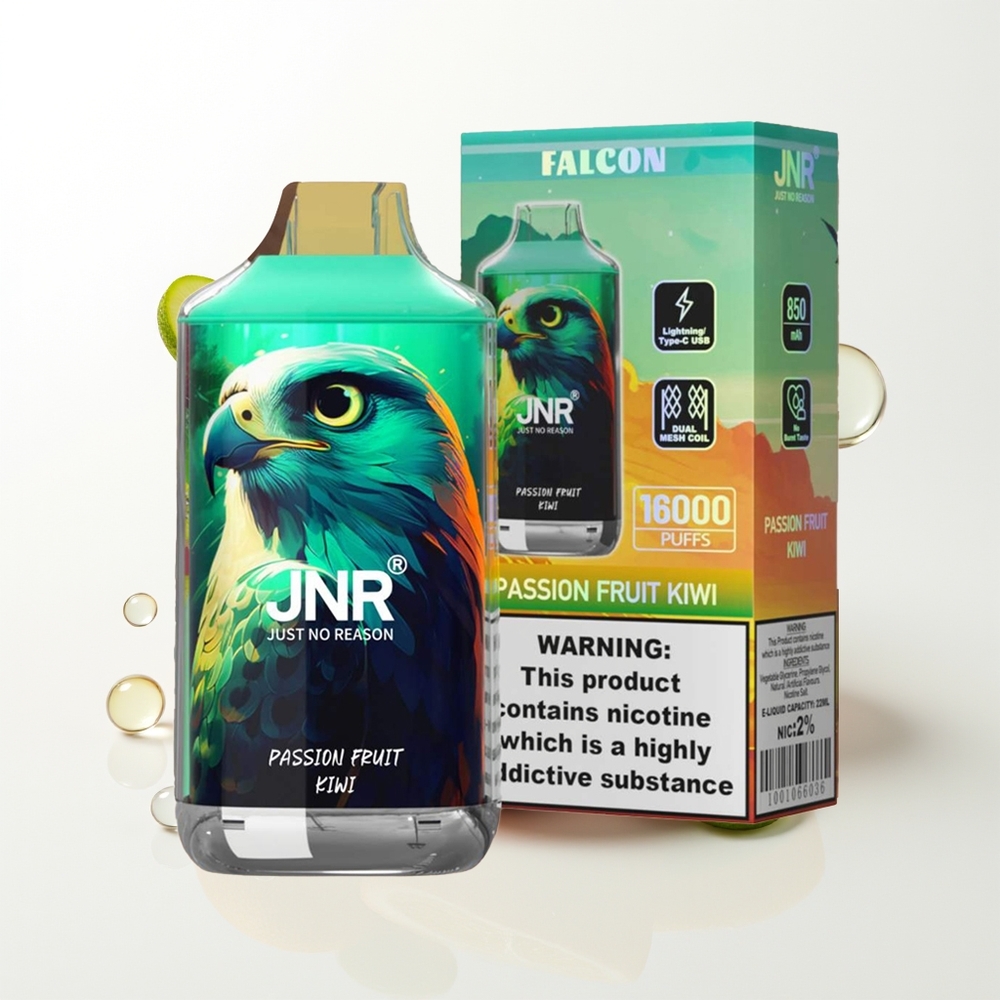 JNR Falcon 16000 Pūšu Vienreizējās Lietošanas Vape Pasijas Augļu Kiwi 850mAh 22ml Dual Mesh Coil Type C & Lightning Smart LED Display 0%,2%
