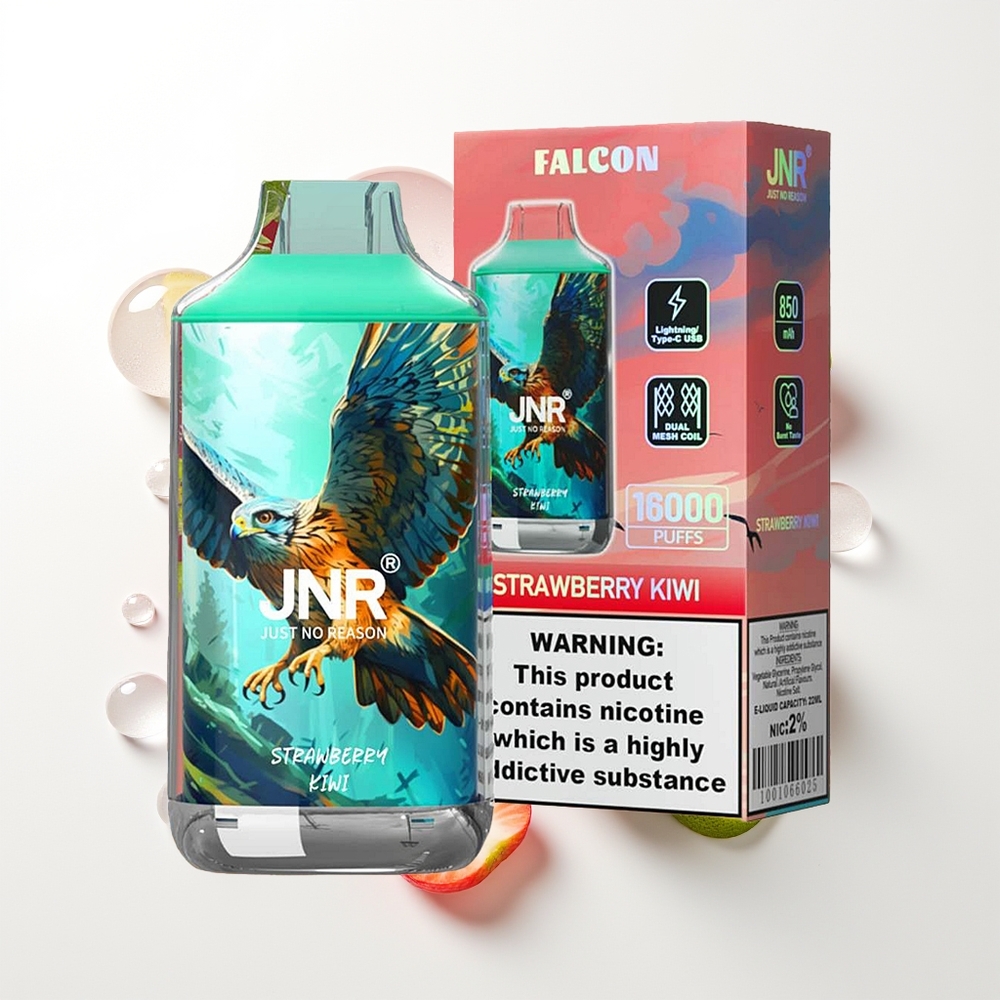 JNR Falcon 16000 Pūšu Zemeņu Kiwi Vienreizējās Lietošanas Vape 850 mAh 22ml Dual Mesh Coil Type C & Lightning Smart LED Display 0%,2%