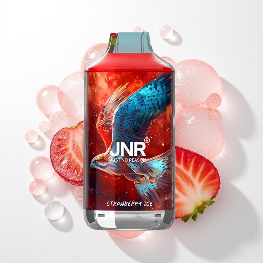 JNR Falcon 16000 Pūšu Zemeņu Ledus Vienreizējās Lietošanas Vape ar 850 mAh, 22ml, Dual Mesh Coil, Type C & Lightning, Smart LED Display, 0%/2% Nikotīns