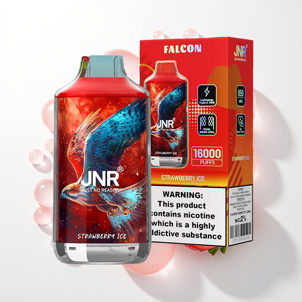 JNR Falcon 16000 Pūšu Zemeņu Ledus Vienreizējās Lietošanas Vape ar 850 mAh, 22ml, Dual Mesh Coil, Type C & Lightning, Smart LED Display, 0%/2% Nikotīns