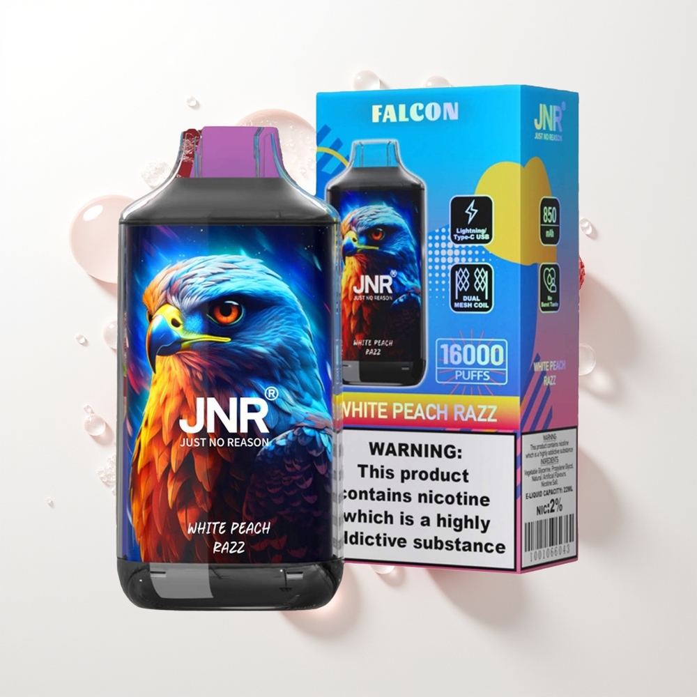 JNR Falcon 16000 Puffs Baltā Persiku Aveņu Vienreizējās Lietošanas Vape 850mAh 22ml Dual Mesh Coil Type C & Lightning Smart LED Display 0% 2%