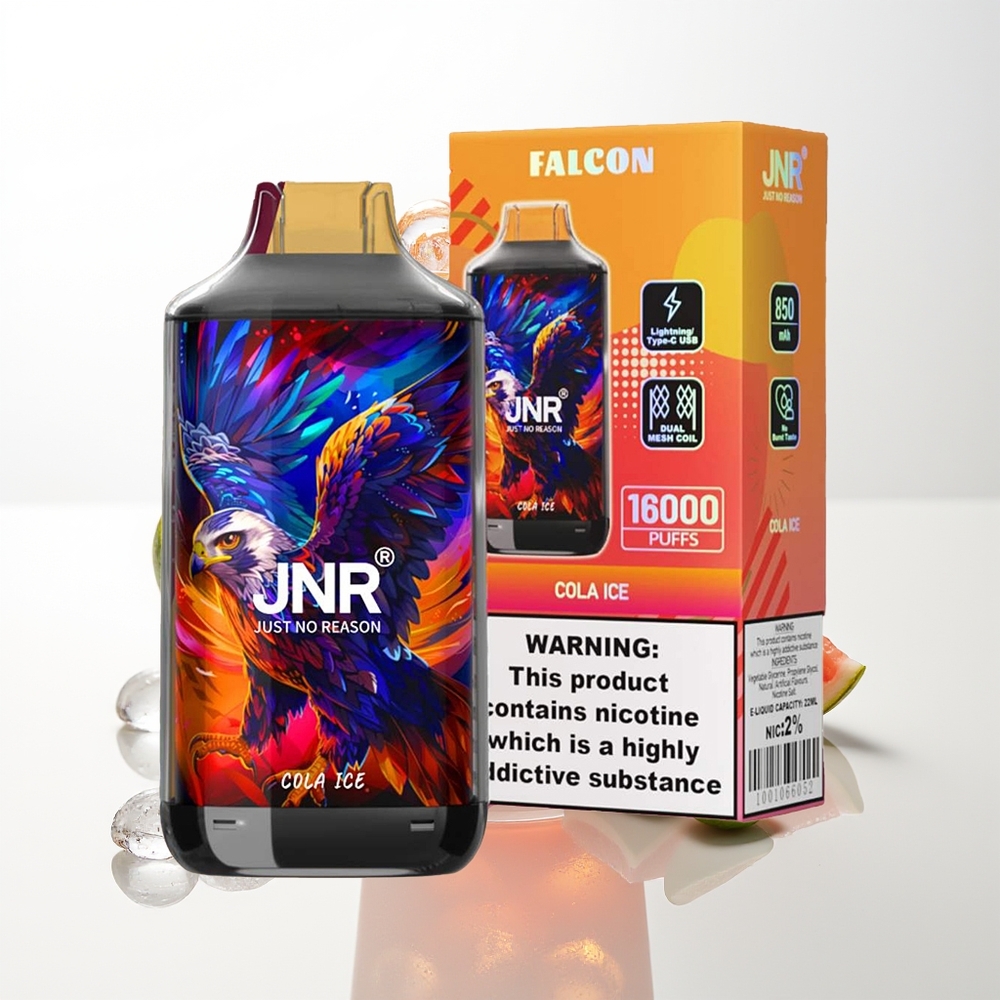 JNR Falcon 16000 Puffs Vienreizējās Lietošanas Vape Kola Ledus ar 850 mAh bateriju, 22ml e-šķidruma, Dual Mesh Coil, Type C & Lightning uzlādi, Smart LED displeju un Nikotīna saturu 0%,2%