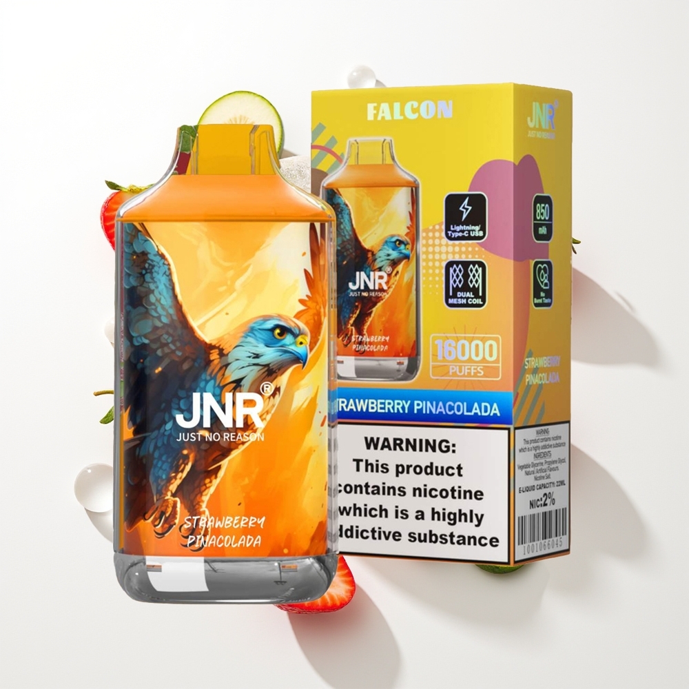 JNR Falcon 16000 Puffs Vienreizējās Lietošanas Vape Zemeņu Pina Kolāda 850mAh 22ml Dual Mesh Coil Type C & Lightning Smart LED Display 0%,2%