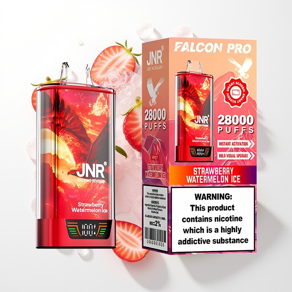 JNR Falcon Pro 28000 Disposable Vāpēšanas Ierīce Zemenes Arbūza Ledus ar 30ml Iepriekš Uzpildītu, 950mAh Akumulatoru, Viedu Displeju un Dvīņu Režģa Spoli