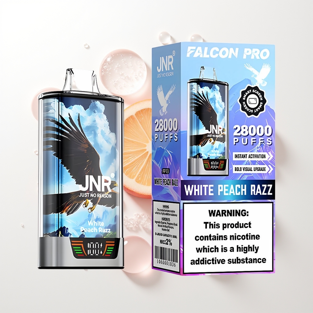 JNR Falcon Pro 28000 Izmetamā Vape Baltā Persiku Aveņu 30ml 950mAh 5% Nicotīna MTL