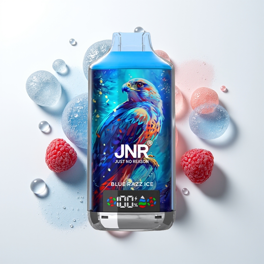 JNR Falcon X 18000 Pūšanas Vienreizējās Lietošanas Vape Zilā Aveņu Ledus ar 750mAh, 24ml, Dual Mesh Coil, Digital Display, Type-C Quick Charge, 0%/2%/5% Nikotīns