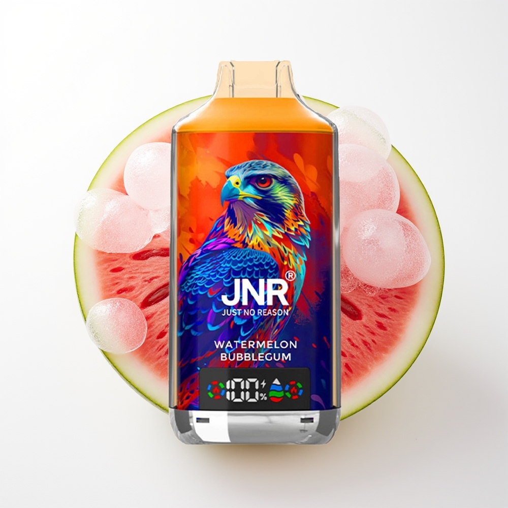 JNR Falcon X 18000 Pūšu Arbūza Sūkļu Guma Vienreizējās Lietošanas Vape ar 750mAh Akumulatoru, 24ml E-Šķidruma, Dubultā Režģa Spole, Digitālo Displeju, Type-C Ātrās Uzlādes un Nikotīna Saturu 0%,2%,5%