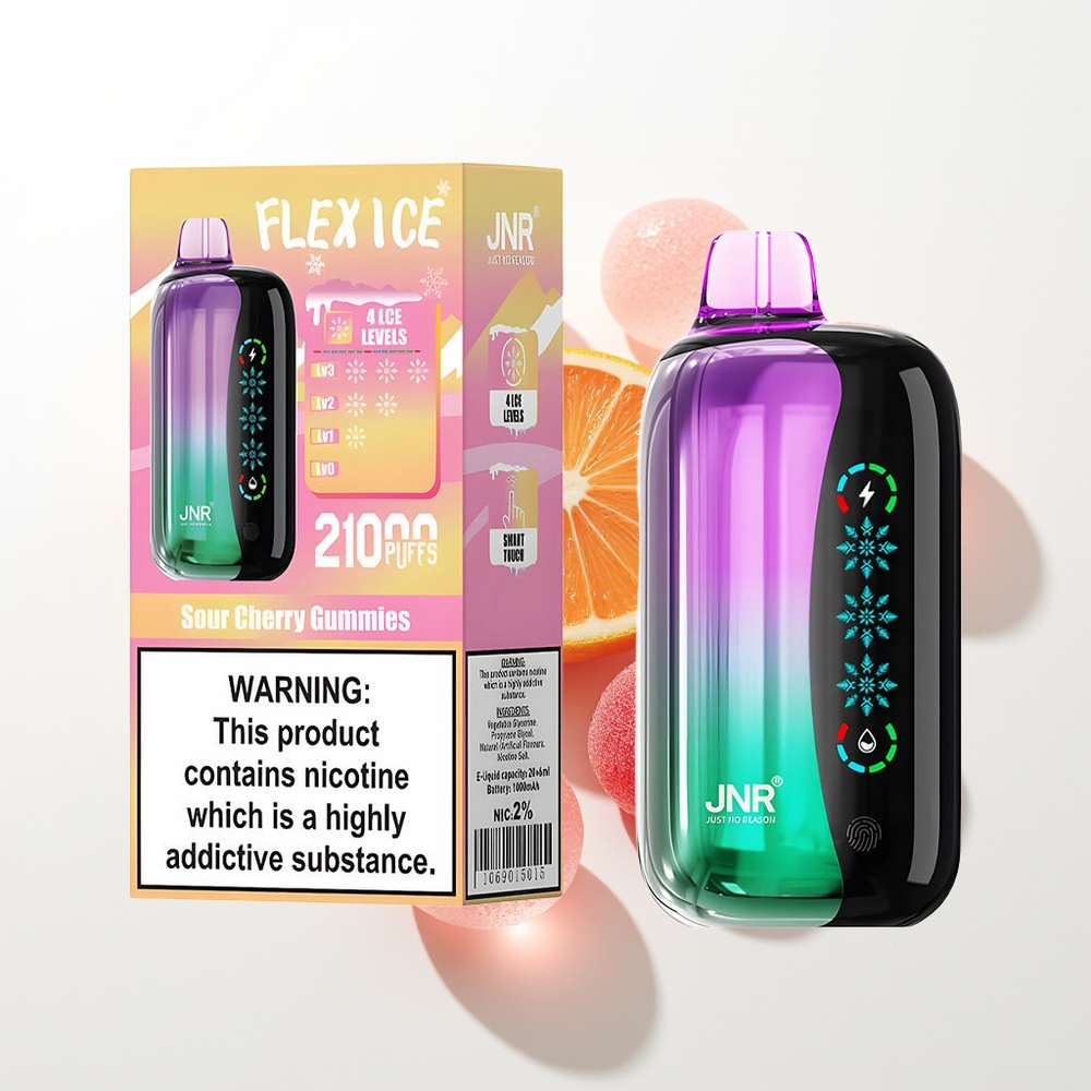 JNR Flex Ice 21000 Pūšķi Vienreizējās Lietošanas Vape Skābo Ķiršu Ķelemes ar Pielāgojamu Ledus, Pielāgojamu Gaisa Plūsmu, Touch Screen, 1.2 Ohm Dual Mesh, 1000mAh Baterija, Type-C Uzlāde, Nikotīns 0%,