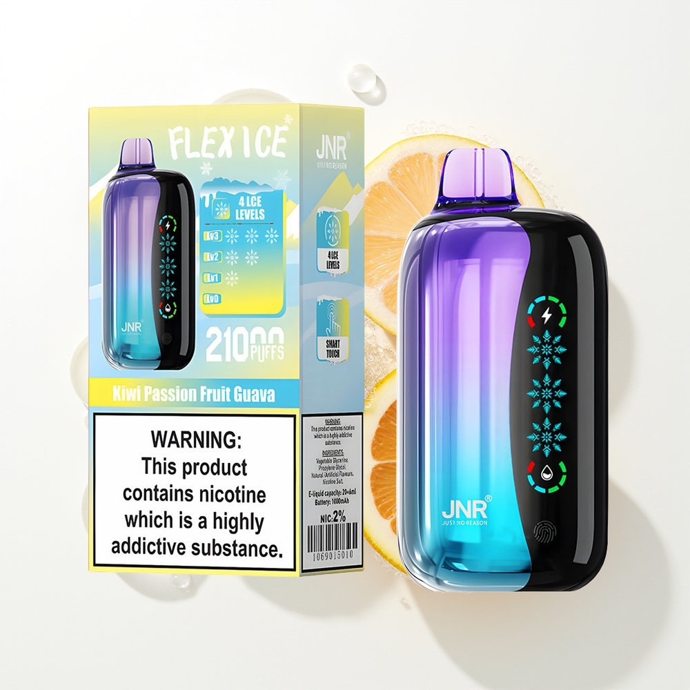 JNR Flex Ice 21000 Pūšu Vienreizējās Lietošanas Vape Kivi Pašizsara Guava + Pielāgojams Gaiss, 26ml E-šķidrums, 1.2 Ohm Dual Mesh, 1000mAh, Type-C Uzlāde