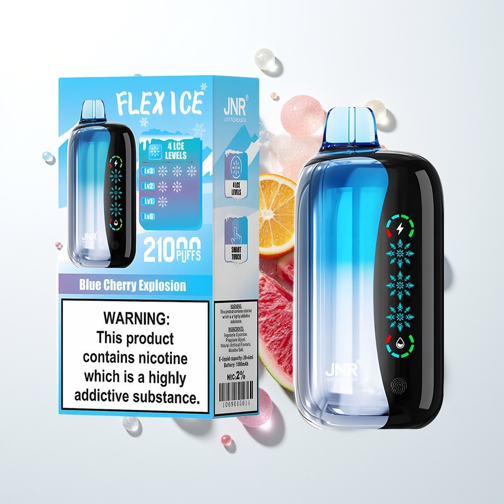 JNR Flex Ice 21000 Puffs Izmetamais Veips Zila Ķiršu Eksplozija ar Customizable Airflow, Touch Screen, 1.2 Ohm Dual Mesh, Type-C Charging Port