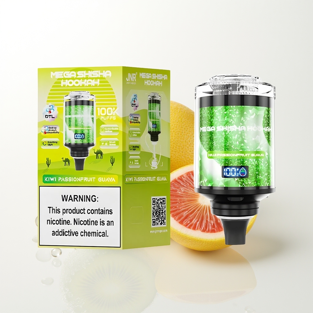 JNR Mega Shisha Hookah 100K Galda Saderināmība Kivi Pasifrukts Gvava 2200mAh 60ml 2% nikotīns