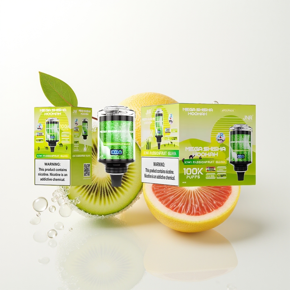 JNR Mega Shisha Hookah 100K Galda Saderināmība Kivi Pasifrukts Gvava 2200mAh 60ml 2% nikotīns
