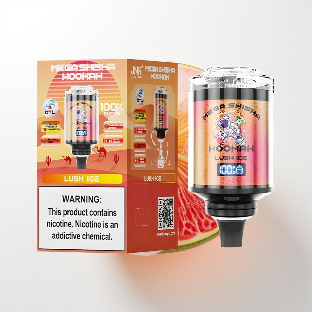 JNR Mega Shisha Hookah 100K Lush Ledus Darbvirsmas Saderība Interaktīvs Ekrāns 2200mAh 60ml