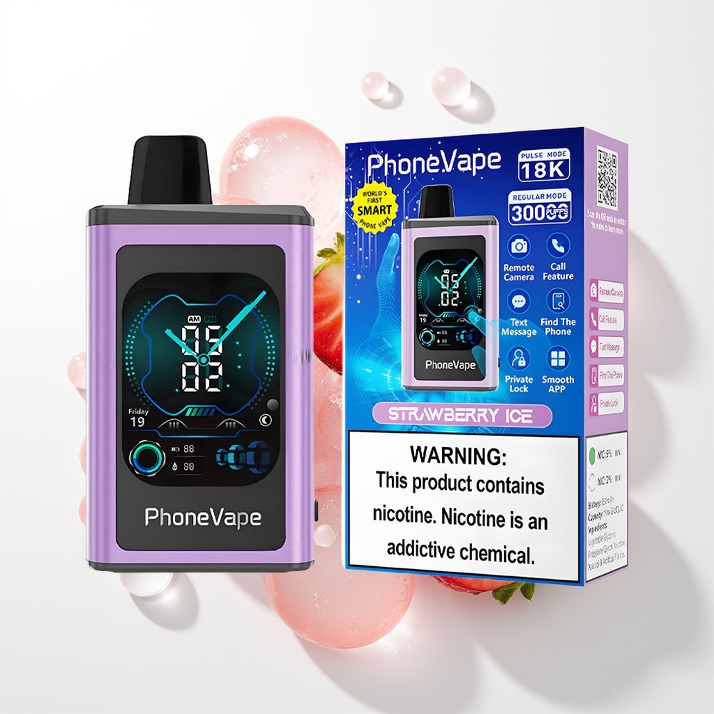 JNR PhoneVape 30000 pūšu Vienreizējās Lietošanas Vape Zemeneņu Ledus ar 850mAh Type-C Uzlādi, Turbo Režīmu, Pielāgojamu Gaisa Plūsmu, Pilnu Ekrānu un Nikotīna Stiprumu 2%,5%