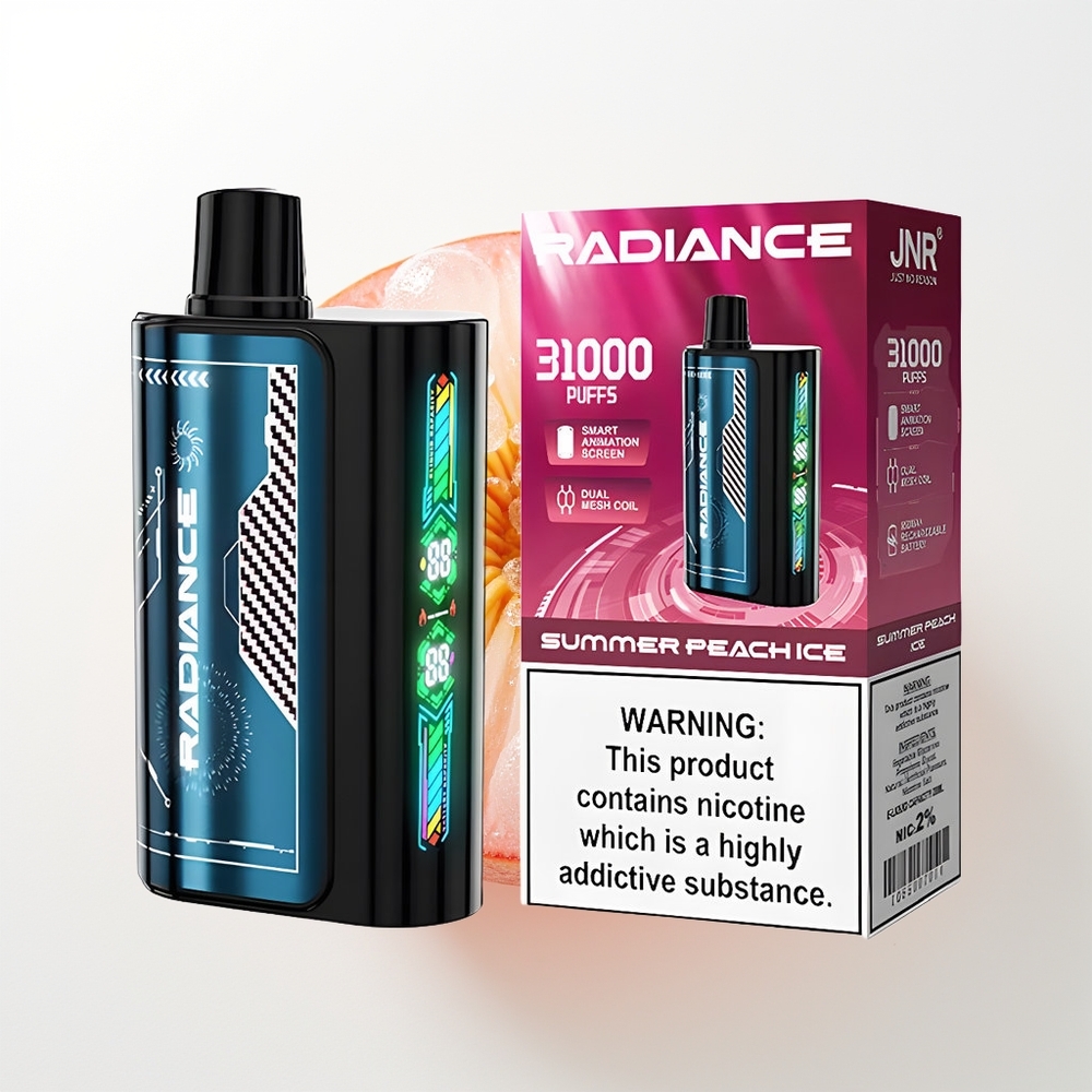 JNR Radiance 31000 Pūšu Vienreizējās Lietošanas Vape Vasaras Persiku Ledus ar 28ml E-šķidruma, Dual Mesh Coil, 950 mAh Uzlādējama Baterija, Type-C Uzlāde, Nikotīna Saturs 2%