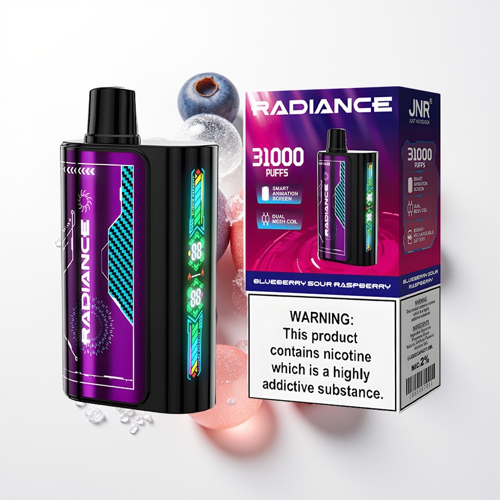 JNR Radiance 31000 Pūšu Vienreizējās Lietošanas Vape Zilā Ībertene Skābā Aveņa 28ml Dual Mesh 950mAh Type-C 2%