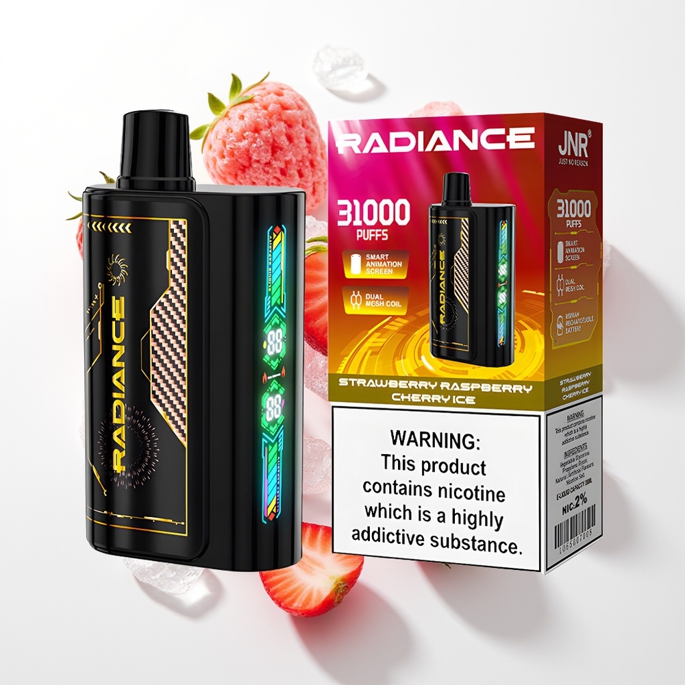 JNR Radiance 31000 Puffs Vienreizējās Lietošanas Vape Zemene Aveņu Ķiršu Ledus ar 28ml E-šķidrumu, Dual Mesh Coil un Type-C Uzlādi