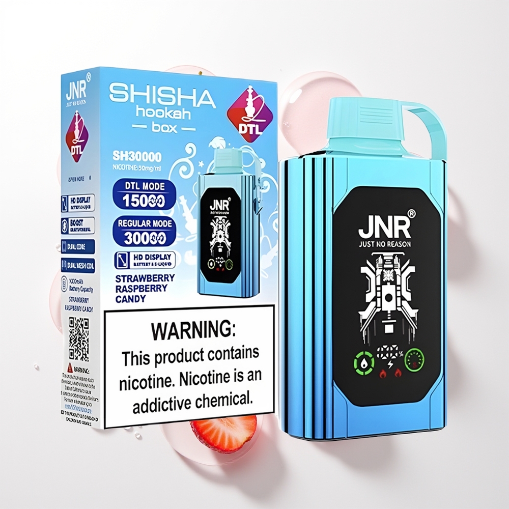 JNR Shisha Hookah Box 20500 Iekšpuses Augstas Izšķirtspējas Displejs Zemeņu Aveņu Konfekšu Vienreizējās Lietošanas Vape 1000mAh 25ml Dual Mesh Coil & Dual Core Type-C Quick Charge 0%,2%,5% Nikotīns