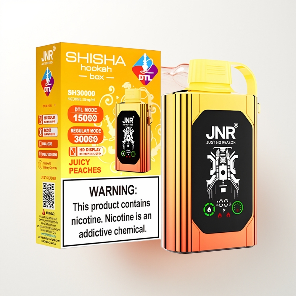 JNR Shisha Hookah Box 20500 Pūšu Vienreizējās Lietošanas Vape Sulušie Persiki HD Displejs 1000mAh 25ml Dual Mesh Coil & Dual Core Type-C Quick Charge 0% 2% 5%