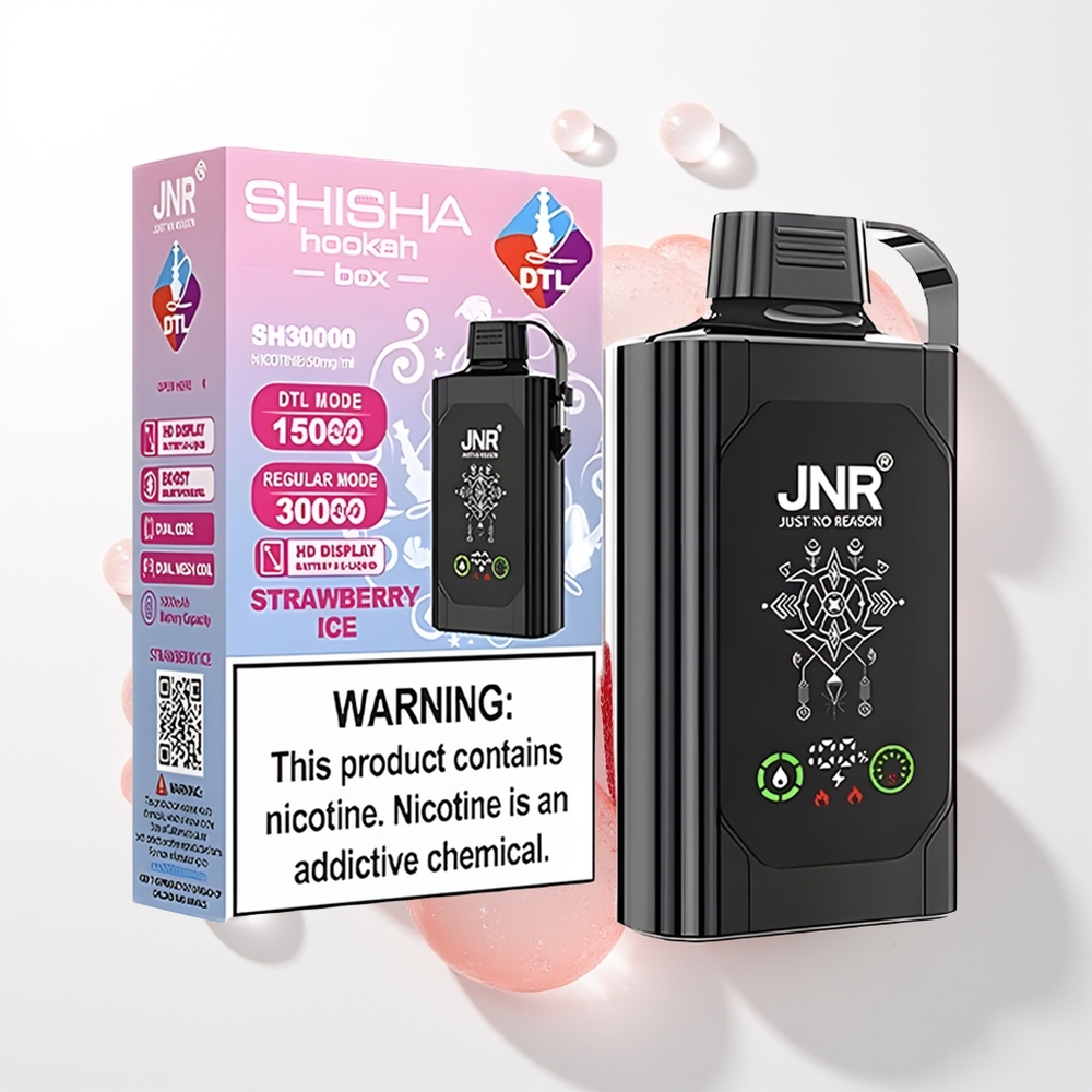 JNR Shisha Hookah Box 20500 Puffs Zemeņu Ledus ar HD Displeju, 1000mAh Akumulatoru, 25ml E-šķidruma, Dual Mesh Coil & Dual Core, Type-C Quick Charge, Nikotīns 0%,2%,5%