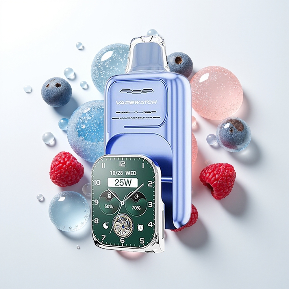JNR VapeWatch 30000 Iesūkieni Vienreizējās Lietošanas Vape Zilā Aveņu Ledus ar 1000mAh Akumulatoru, 19mL E-Šķidruma, 5% Nikotīna, Dubultā Režģa Spole un Type-C Ātrās Uzlādes