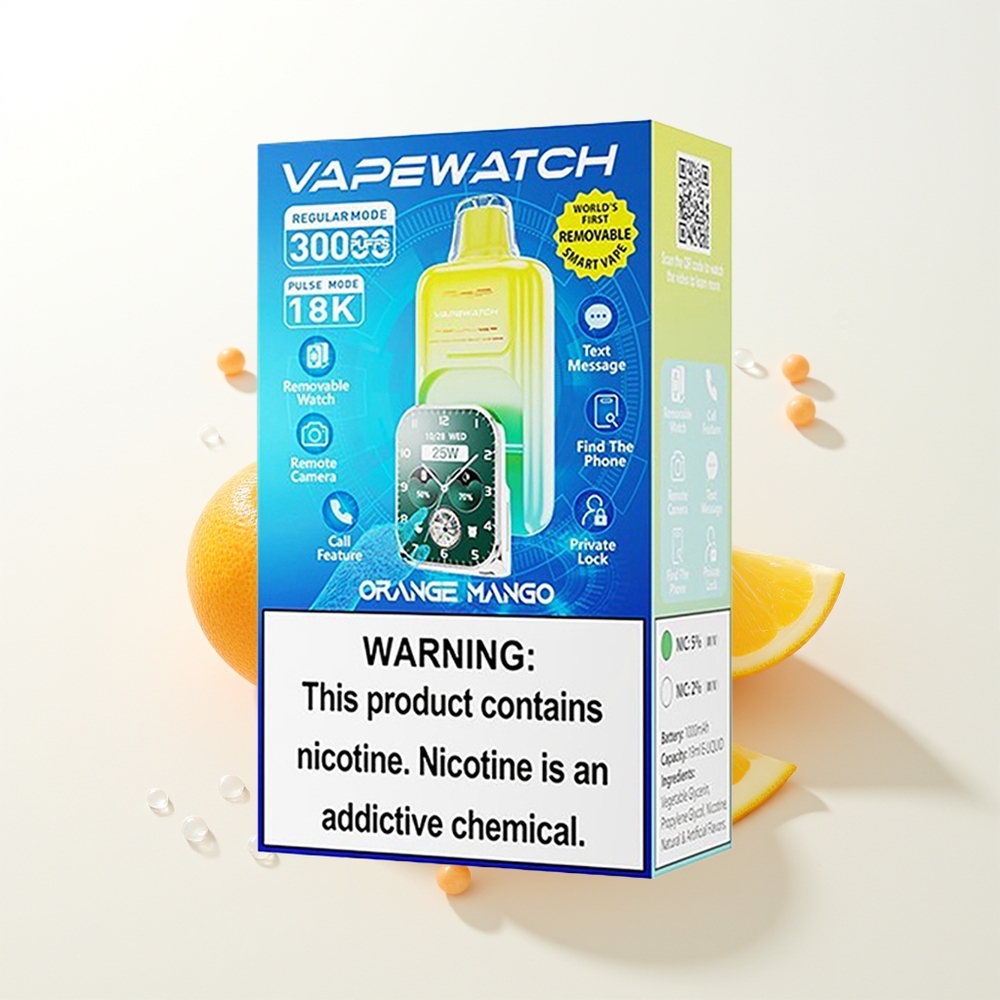 JNR VapeWatch 30000 Pūšu Vienreizējās Lietošanas Vape Apelsīnu Mango ar 1000mAh bateriju, 19mL e-šķidruma, 5% nikotīna, Dual Mesh Coil un Type-C Quick Charge