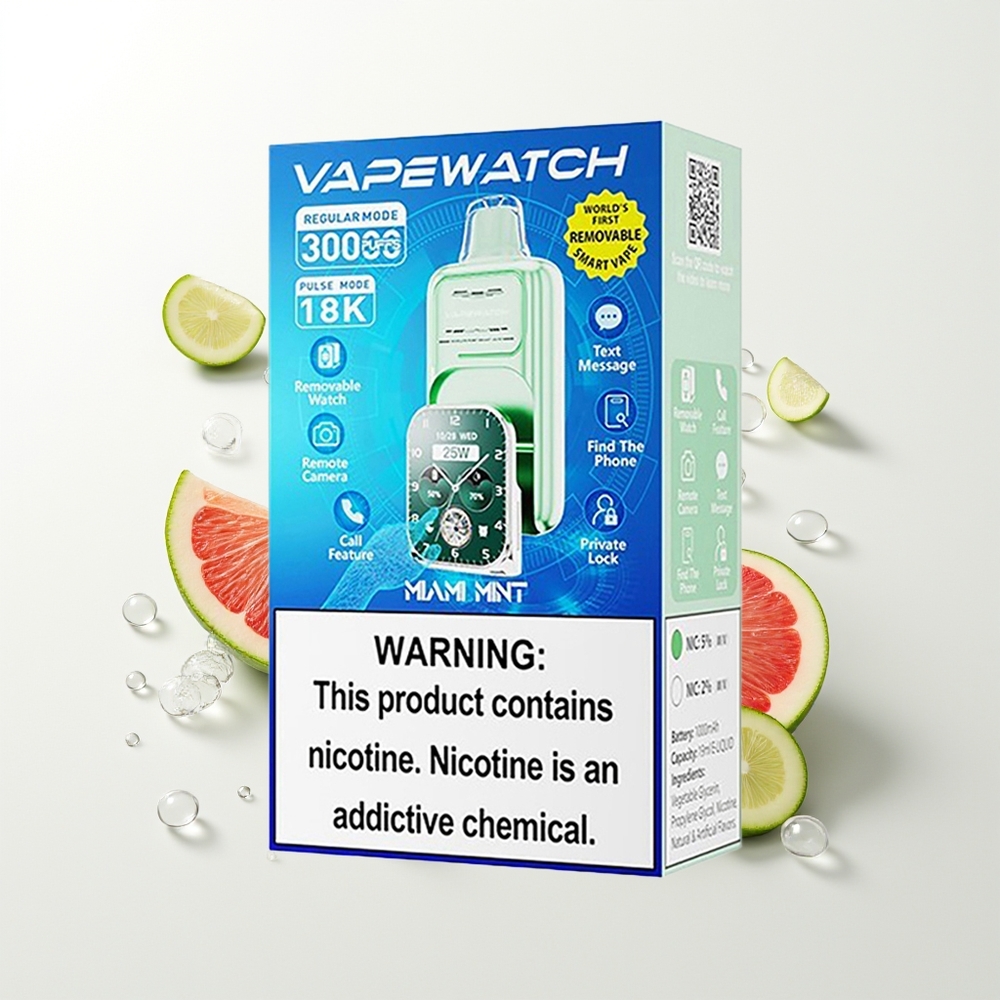JNR VapeWatch 30000 Pūšu Vienreizējās Lietošanas Vape Maiami Mētra 1000mAh 19mL 5% Dual Mesh Coil Type-C