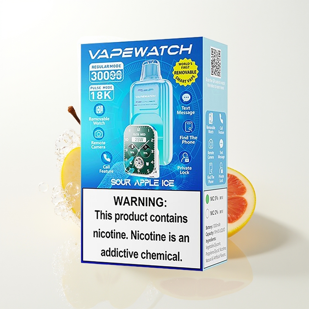 JNR VapeWatch 30000 Pūšu Vienreizējās Lietošanas Vape Skābā ābolu ledus ar 1000mAh bateriju, 19mL e-šķidruma, 5% nikotīna, Dual Mesh Coil un Type-C Quick Charge