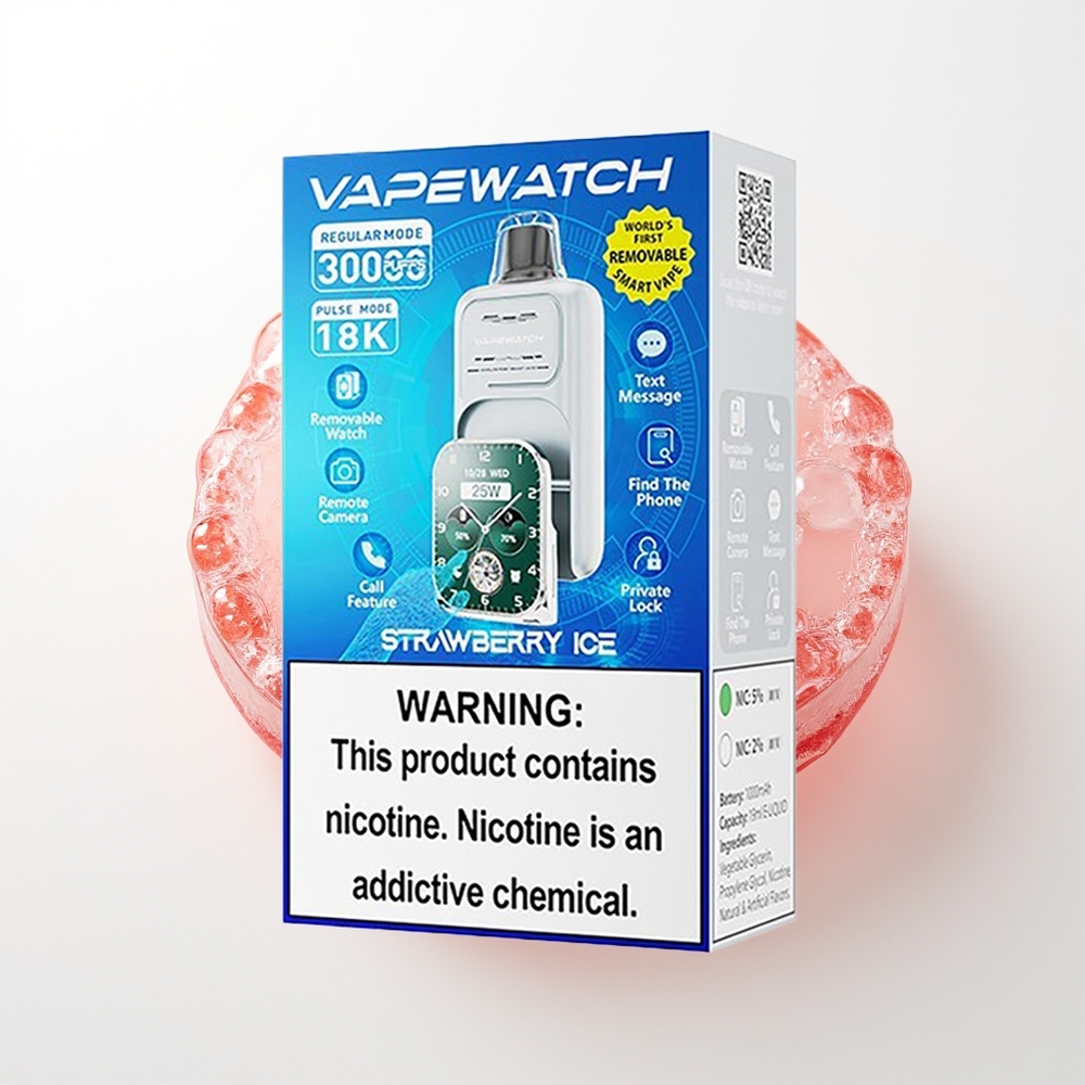 JNR VapeWatch 30000 Pūšu Vienreizējās Lietošanas Vape Zemeņu Ledus ar 1000mAh, 19mL, 5% Nikotīna, Dual Mesh Coil, Type-C Quick Charge