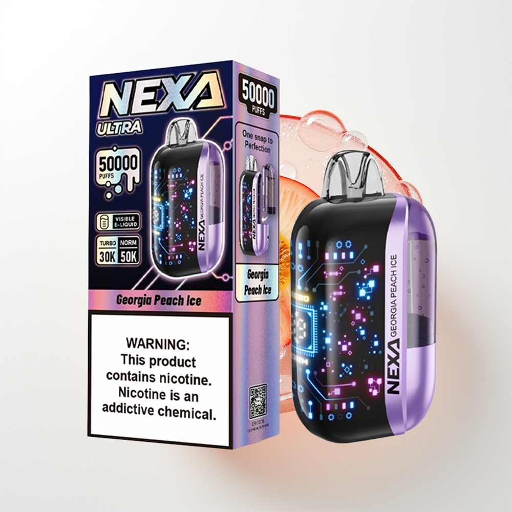 NEXA Ultra 50000 Pūšu Gruzijas Persiku Ledus Vienreizējās Lietošanas Vape ar 20ml Priekšpildījumu, 800mah Akumulatoru, 5% Nikotīna, 0.9ohm Dūnu Spoles, 3D Izliektu Displeju un Type-C Uzlādi