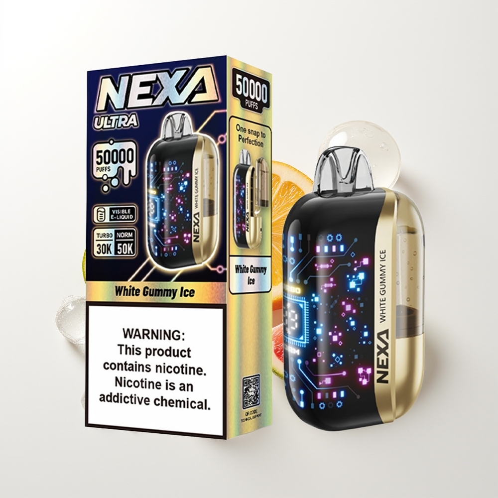 NEXA Ultra 50000 Pūšu Vienreizējās Lietošanas Vape Balta Gumiņu Ledus ar 20ml, 800mAh, 5% Nikotīna, 0.9ohm Dual Mesh Coils, 3D Izliekts Ekrāns, Type-C Uzlāde